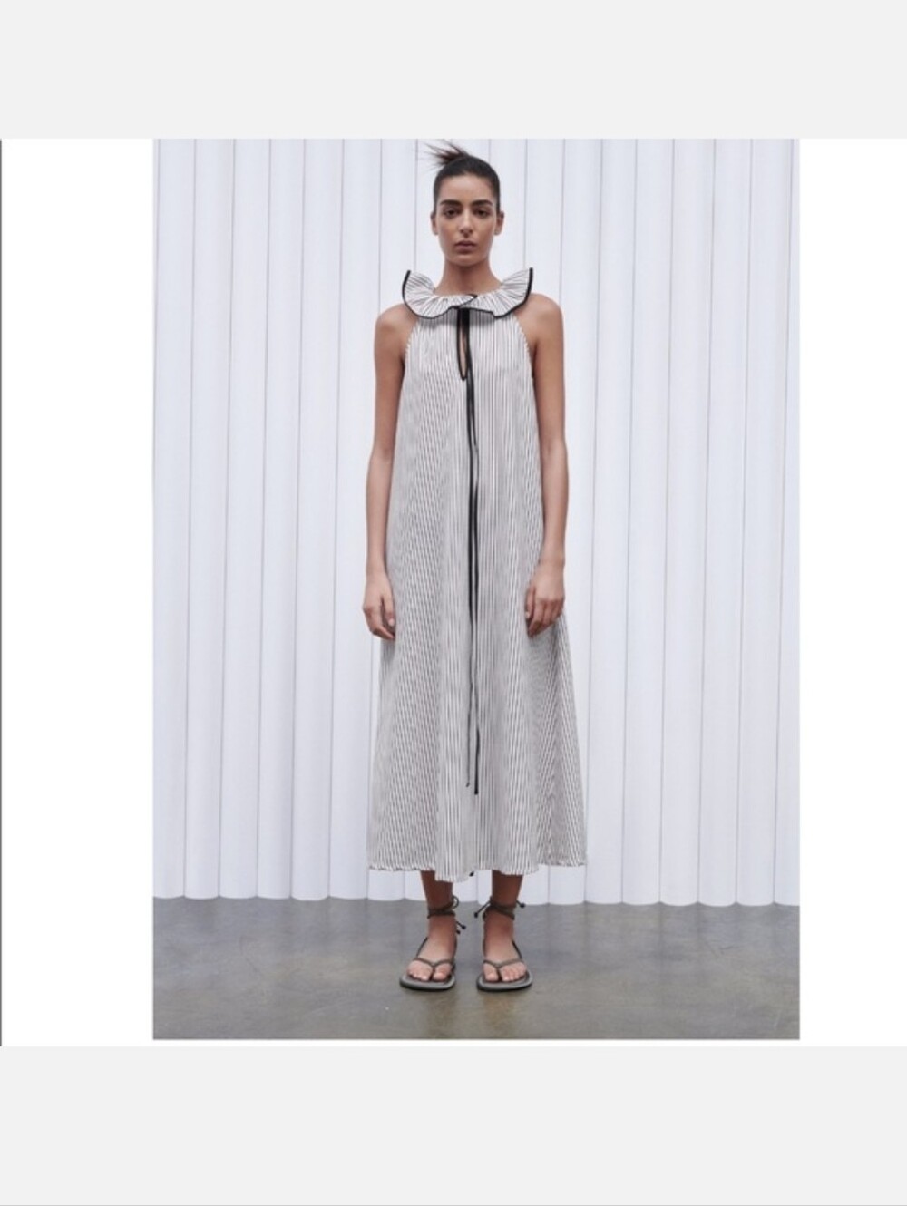 Zara Striped Maxi Dress with Ruffle Collar — White/Black